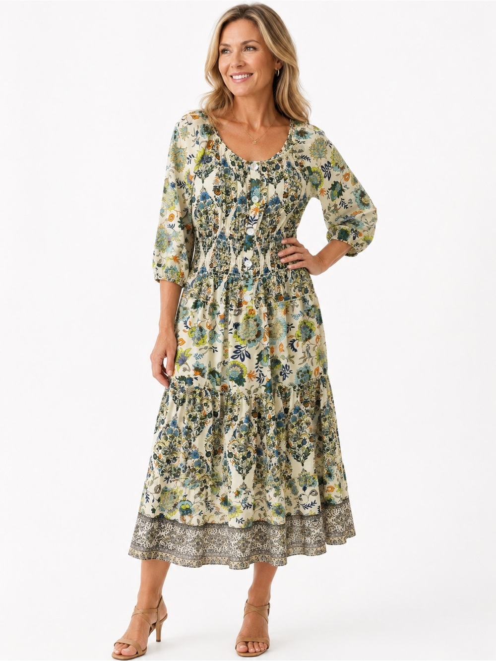 Floral Cream Boho Maxi Dress with Blue & Green Accents S